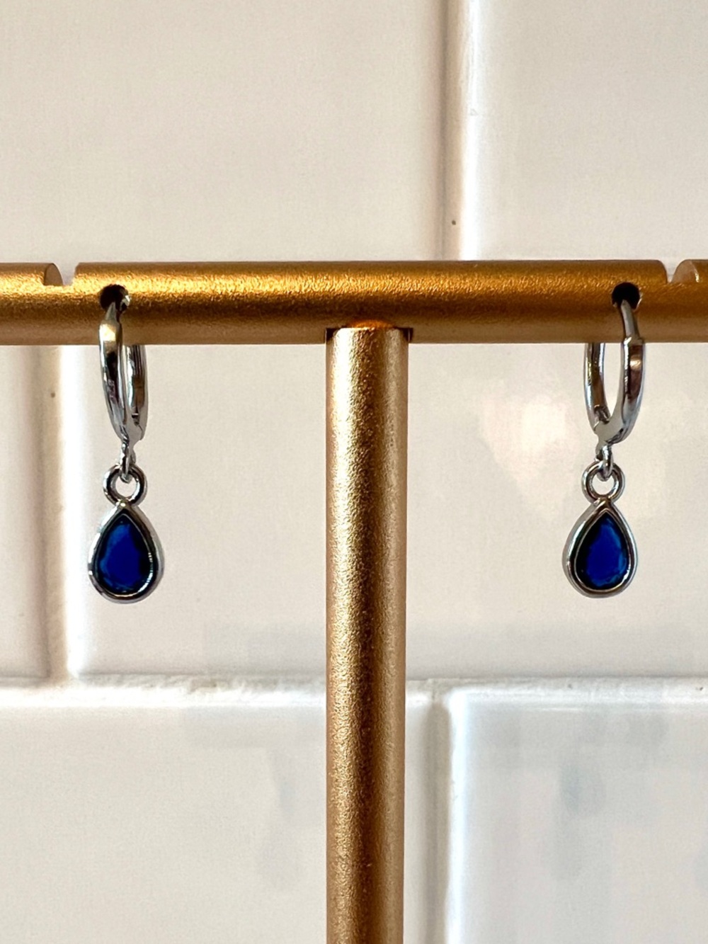 Sterling Silver .925 Huggie Hoop Earrings with Lab Sapphire Teardrop Drops